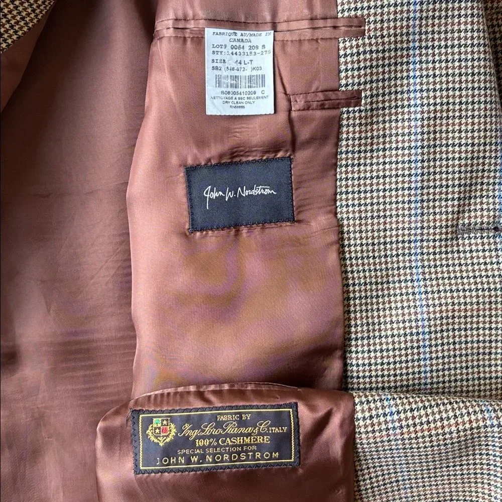John W. Nordstrom Loro Piana Pure Cashmere Houndstooth Check Sport Coat 44 L